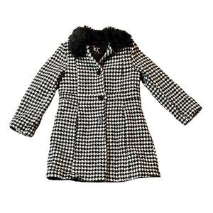 KC Collections Junior’s Large Houndstooth Black White Peacoat Faux Fur Collar